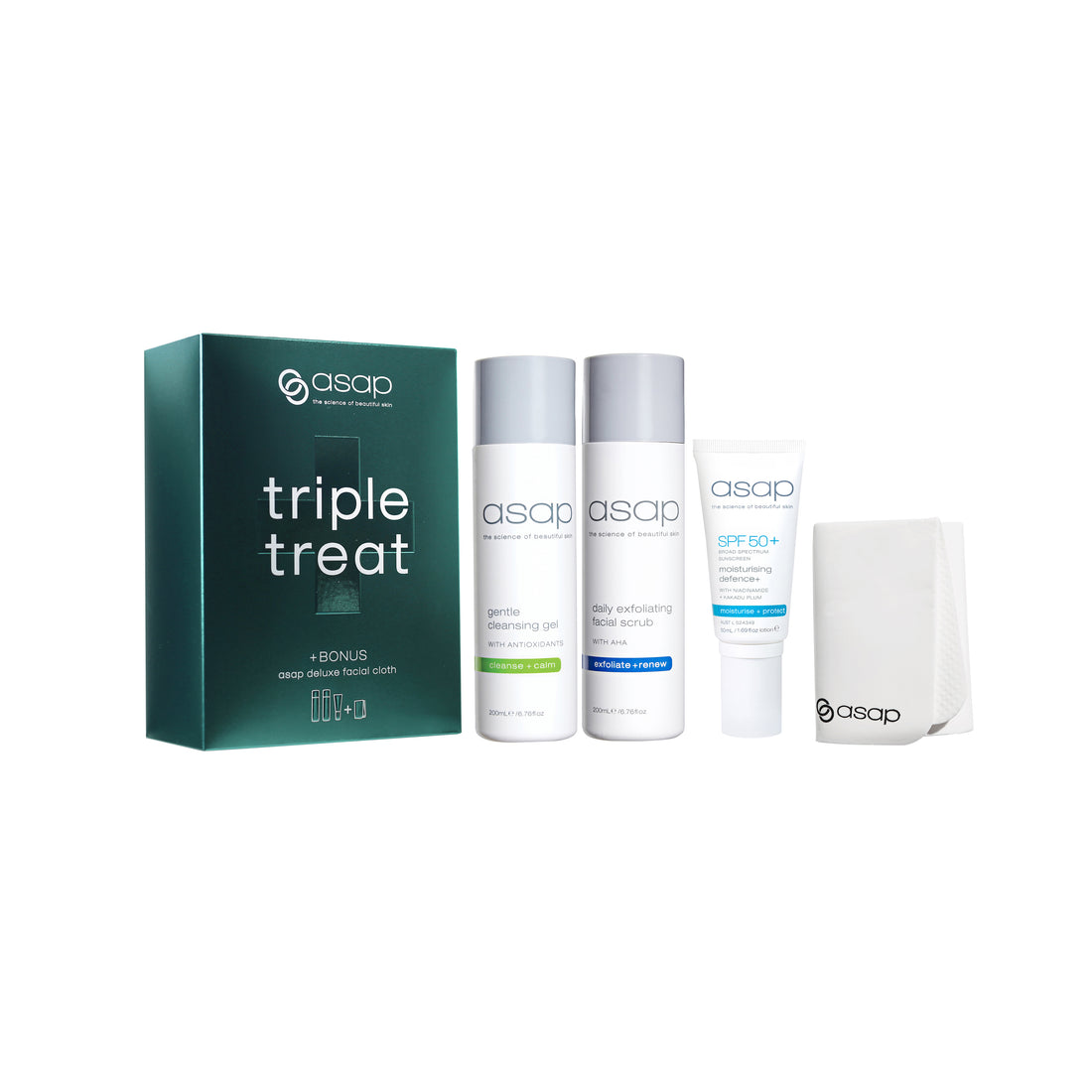 ASAP TRIPLE TREAT: GENTLE CLEANSING GEL 200ML, FACIAL SCRUB 200ML, SPF50+ MOISTURISING DEFENCE + 50ML, DELUXE FACIAL CLOTH